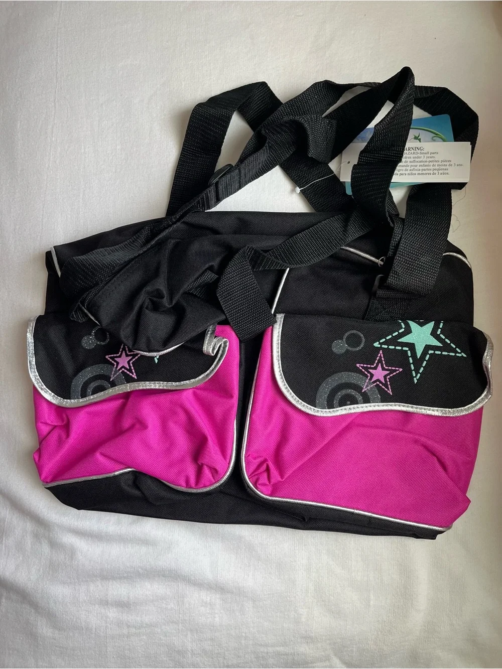 Vintage Disney Tinker Bell Black, Pink & Green Kids Duffle Bag Y2K Deadstock